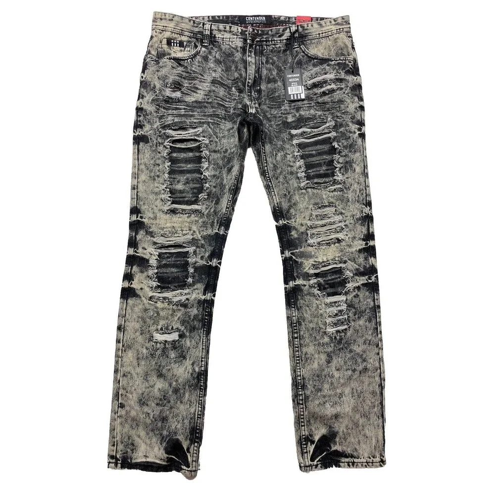 Contender Premium Men's Slim Straight Leg Patched Distressed Jeans Size 40x34